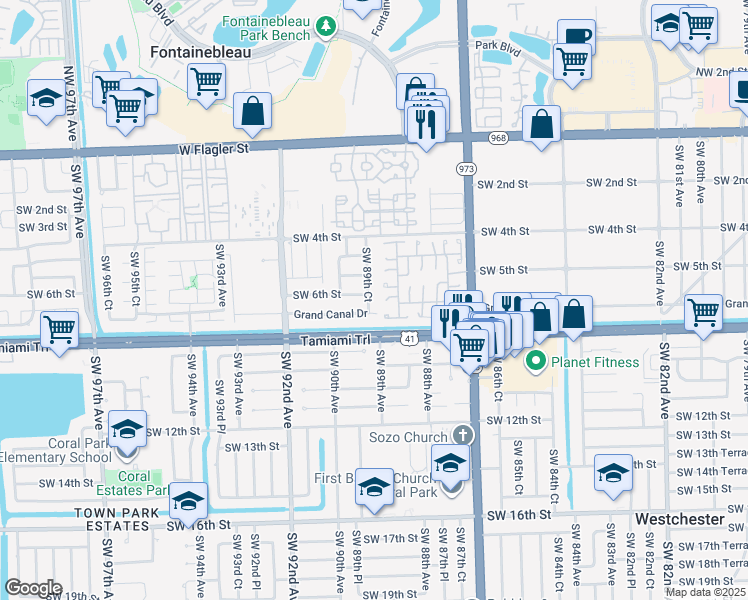 map of restaurants, bars, coffee shops, grocery stores, and more near 8925 Southwest 5th Terrace in Miami