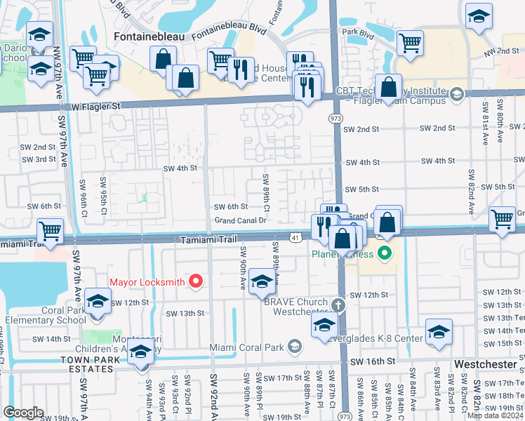 map of restaurants, bars, coffee shops, grocery stores, and more near 8980 Southwest 5th Lane in Miami