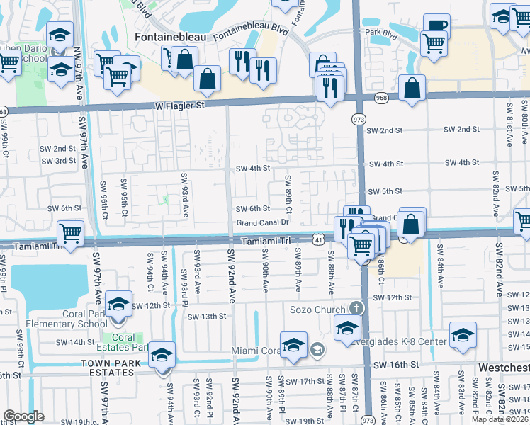 map of restaurants, bars, coffee shops, grocery stores, and more near 8980 Southwest 5th Lane in Miami