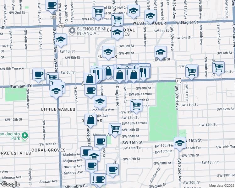 map of restaurants, bars, coffee shops, grocery stores, and more near 806 South Douglas Road in Coral Gables