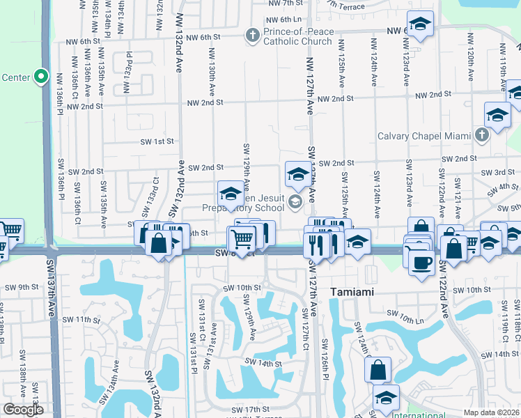 map of restaurants, bars, coffee shops, grocery stores, and more near 295 Southwest 129th Avenue in Miami