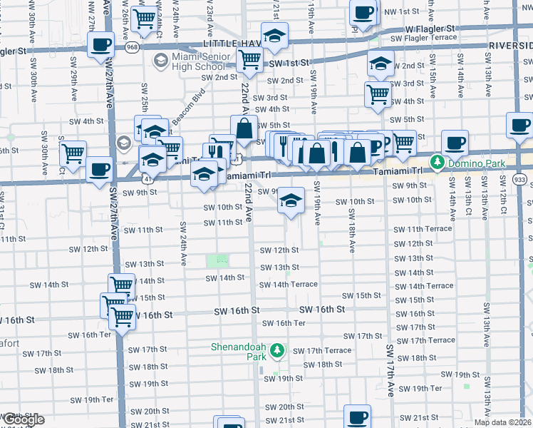 map of restaurants, bars, coffee shops, grocery stores, and more near 2131 Southwest 10th Street in Miami