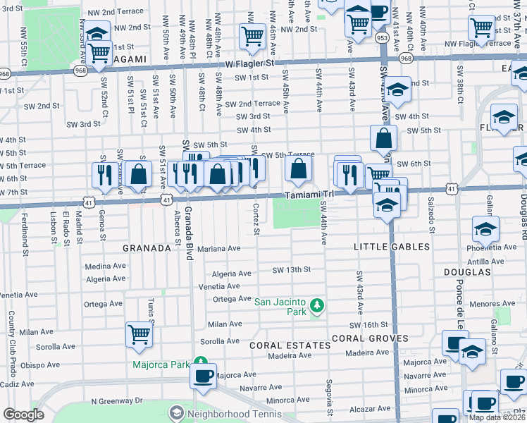 map of restaurants, bars, coffee shops, grocery stores, and more near in Coral Gables