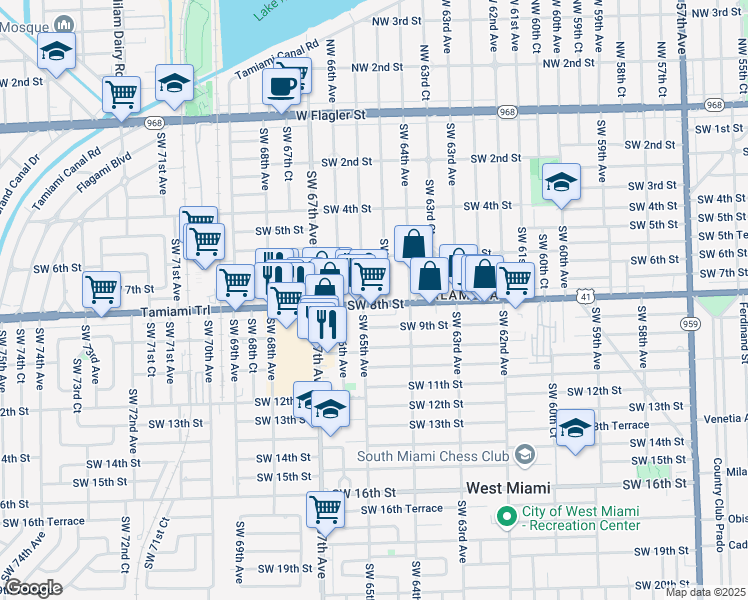 map of restaurants, bars, coffee shops, grocery stores, and more near 660 Southwest 64th Court in Miami