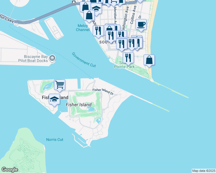 map of restaurants, bars, coffee shops, grocery stores, and more near 6800 Fisher Island Drive in Miami Beach