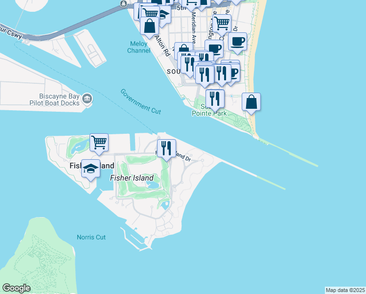 map of restaurants, bars, coffee shops, grocery stores, and more near 6800 Fisher Island Drive in Miami Beach