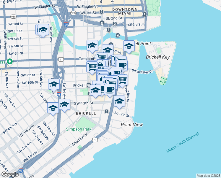 map of restaurants, bars, coffee shops, grocery stores, and more near in Miami