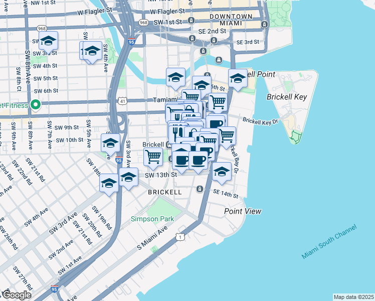 map of restaurants, bars, coffee shops, grocery stores, and more near 1101 Southwest 1st Avenue in Miami
