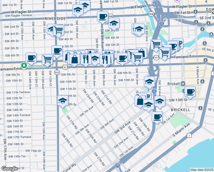 map of restaurants, bars, coffee shops, grocery stores, and more near 740 Southwest 10th Street in Miami