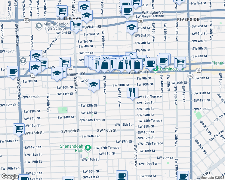 map of restaurants, bars, coffee shops, grocery stores, and more near 1879 Southwest 10th Street in Miami