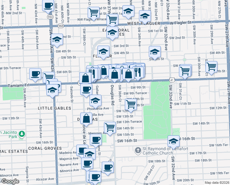 map of restaurants, bars, coffee shops, grocery stores, and more near in Miami