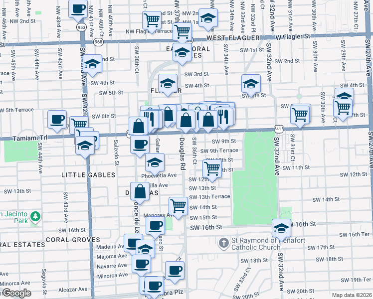 map of restaurants, bars, coffee shops, grocery stores, and more near in Miami