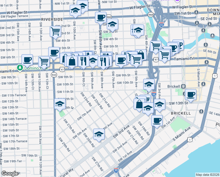map of restaurants, bars, coffee shops, grocery stores, and more near 740 Southwest 10th Street in Miami