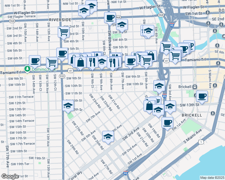 map of restaurants, bars, coffee shops, grocery stores, and more near 740 Southwest 10th Street in Miami