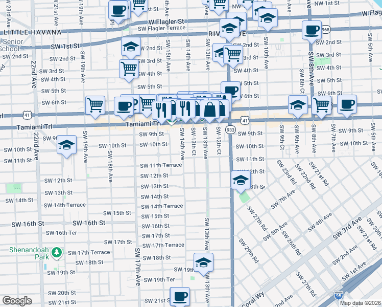 map of restaurants, bars, coffee shops, grocery stores, and more near 1314 Southwest 10th Street in Miami