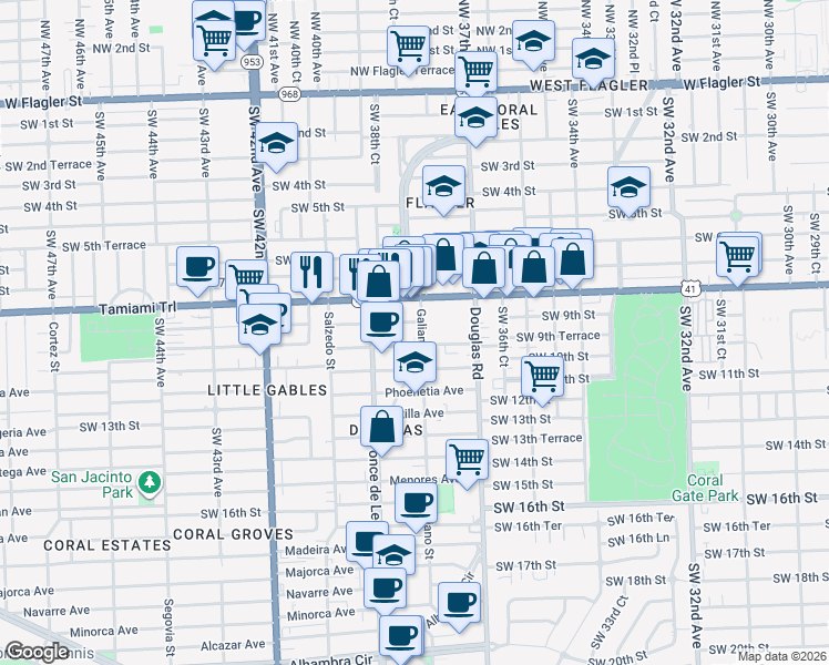 map of restaurants, bars, coffee shops, grocery stores, and more near in Miami