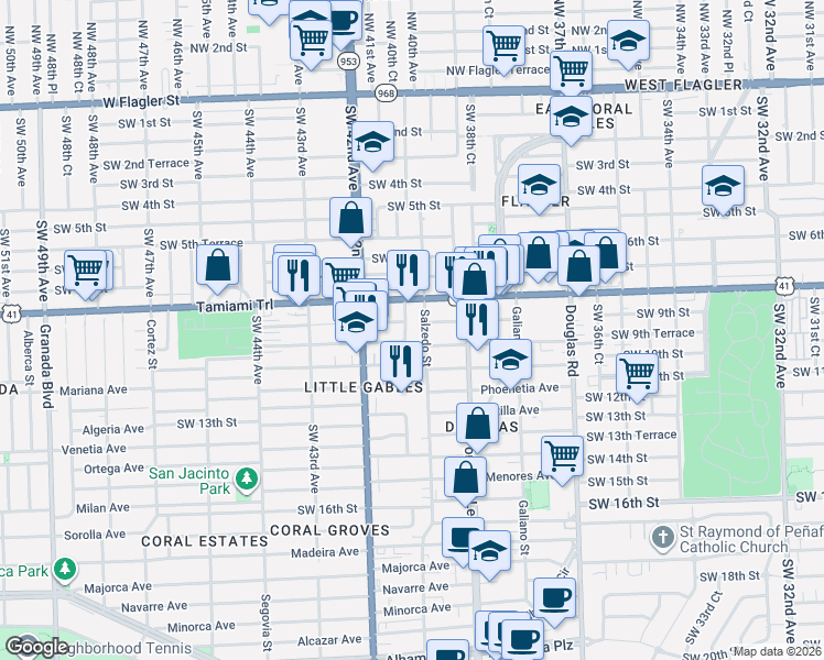 map of restaurants, bars, coffee shops, grocery stores, and more near 802 Southwest 40th Avenue in Miami