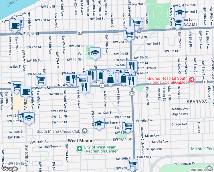 map of restaurants, bars, coffee shops, grocery stores, and more near 5920 Southwest 7th Street in Miami