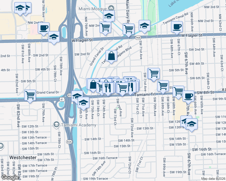 map of restaurants, bars, coffee shops, grocery stores, and more near 625 Southwest 73rd Court in Miami