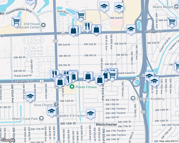 map of restaurants, bars, coffee shops, grocery stores, and more near 8342 Southwest 5th Street in Miami