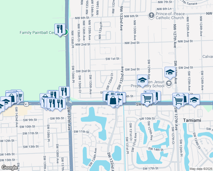 map of restaurants, bars, coffee shops, grocery stores, and more near 331 Southwest 134th Avenue in Miami