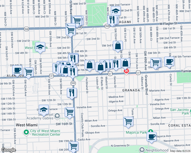 map of restaurants, bars, coffee shops, grocery stores, and more near 5535 Southwest 8th Street in Coral Gables