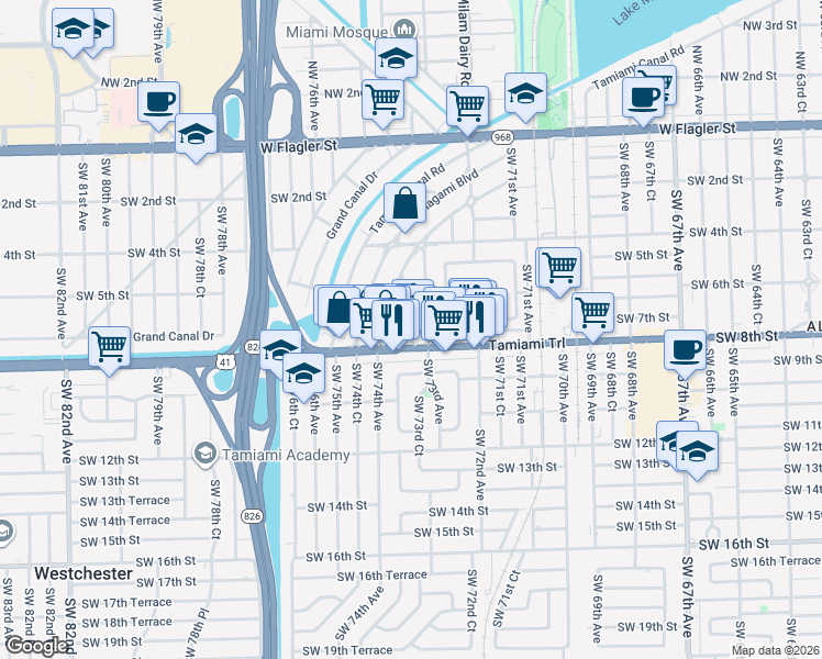 map of restaurants, bars, coffee shops, grocery stores, and more near 625 Southwest 73rd Court in Miami