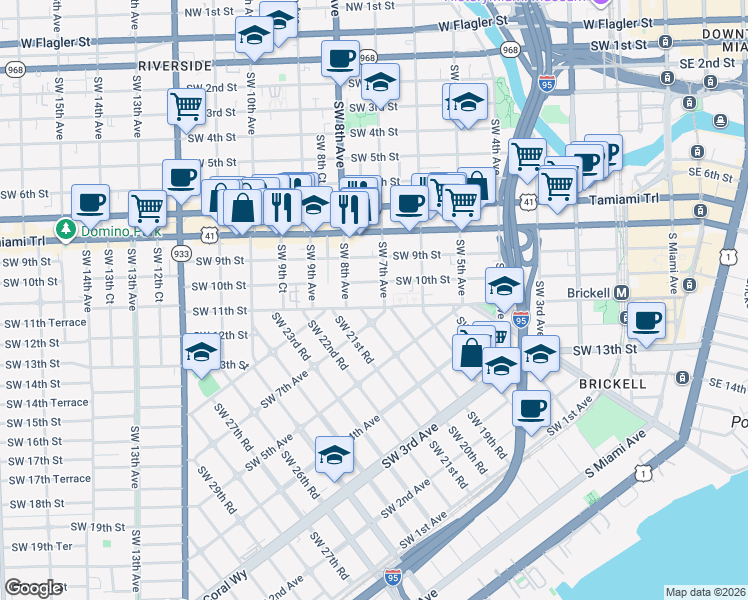 map of restaurants, bars, coffee shops, grocery stores, and more near 740 Southwest 10th Street in Miami