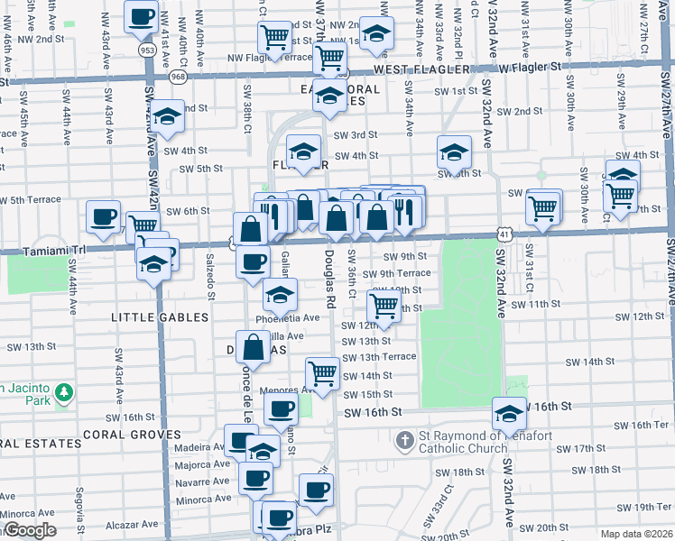 map of restaurants, bars, coffee shops, grocery stores, and more near 890 Southwest 36th Court in Miami