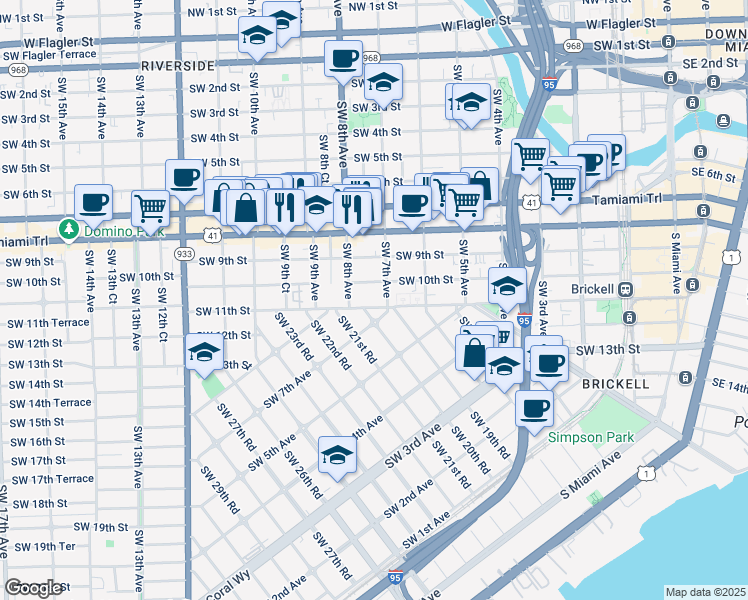 map of restaurants, bars, coffee shops, grocery stores, and more near 740 Southwest 10th Street in Miami