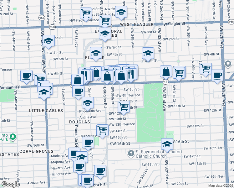 map of restaurants, bars, coffee shops, grocery stores, and more near 890 Northwest 35th Avenue in Miami