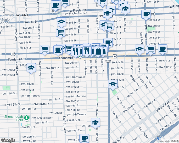 map of restaurants, bars, coffee shops, grocery stores, and more near 1314 Southwest 10th Street in Miami