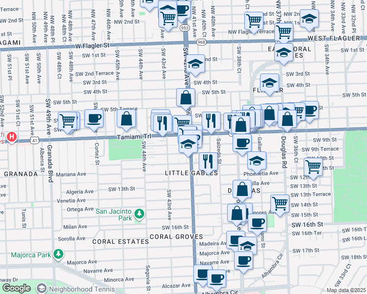 map of restaurants, bars, coffee shops, grocery stores, and more near in Little Gables