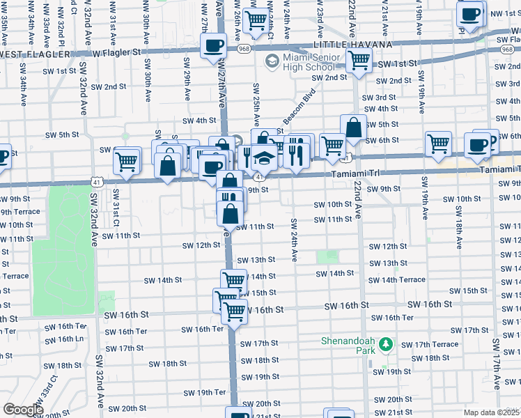 map of restaurants, bars, coffee shops, grocery stores, and more near 921 Southwest 25th Avenue in Miami