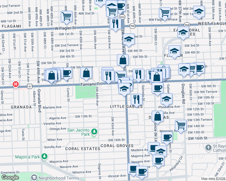 map of restaurants, bars, coffee shops, grocery stores, and more near in Little Gables