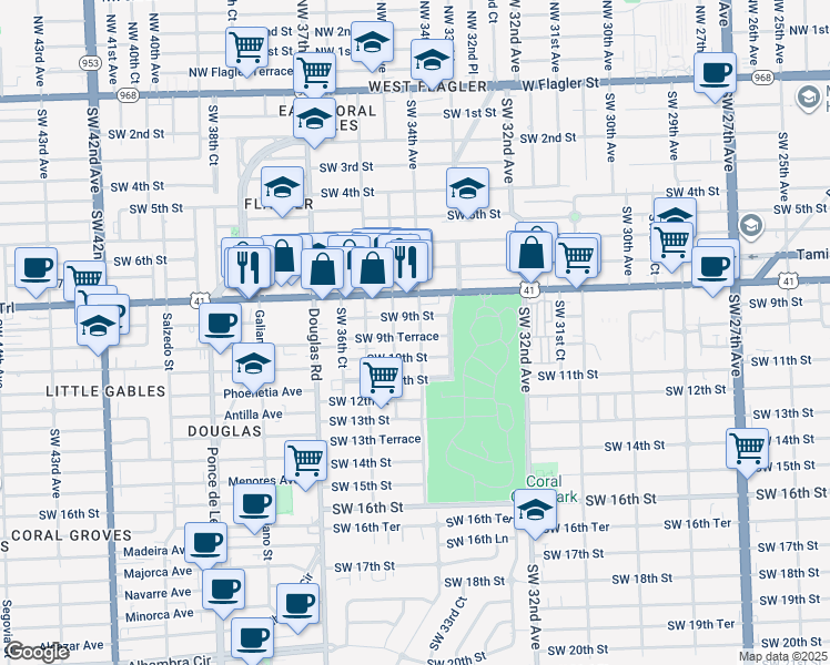 map of restaurants, bars, coffee shops, grocery stores, and more near 3430 Southwest 9th Street in Miami