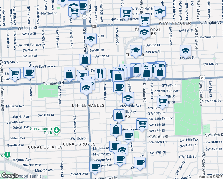 map of restaurants, bars, coffee shops, grocery stores, and more near 218 Antiquera Avenue in Coral Gables