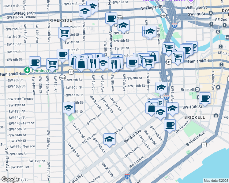 map of restaurants, bars, coffee shops, grocery stores, and more near 740 Southwest 10th Street in Miami
