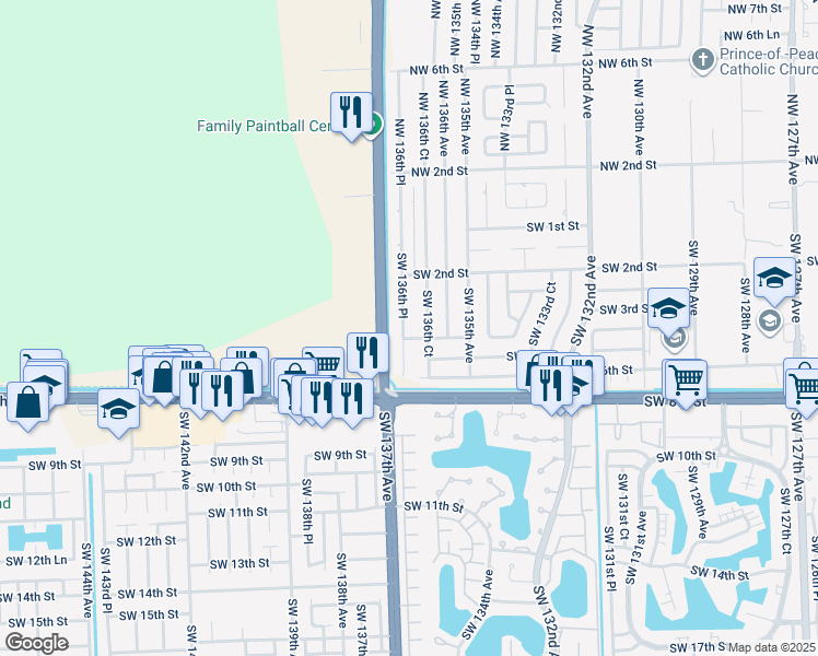map of restaurants, bars, coffee shops, grocery stores, and more near 330 Southwest 136th Place in Miami