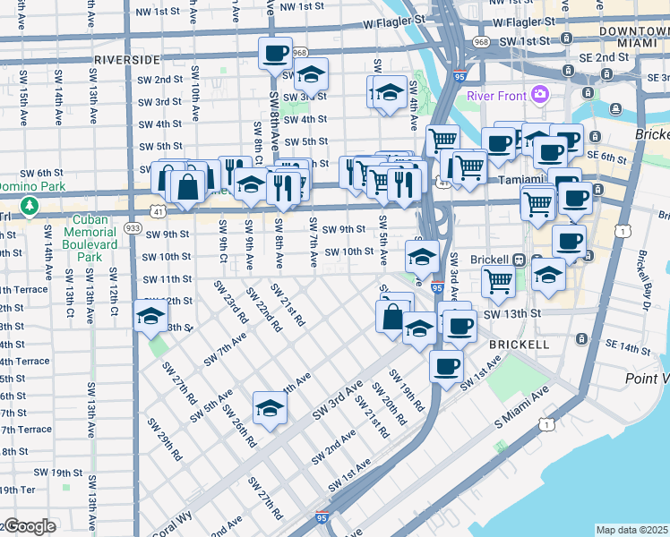 map of restaurants, bars, coffee shops, grocery stores, and more near 650 Southwest 10th Street in Miami