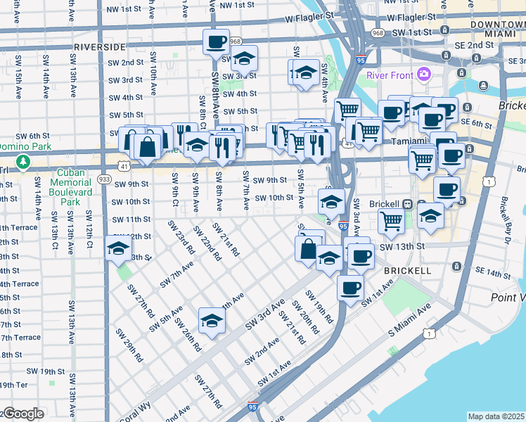 map of restaurants, bars, coffee shops, grocery stores, and more near 605 Southwest 11th Street in Miami