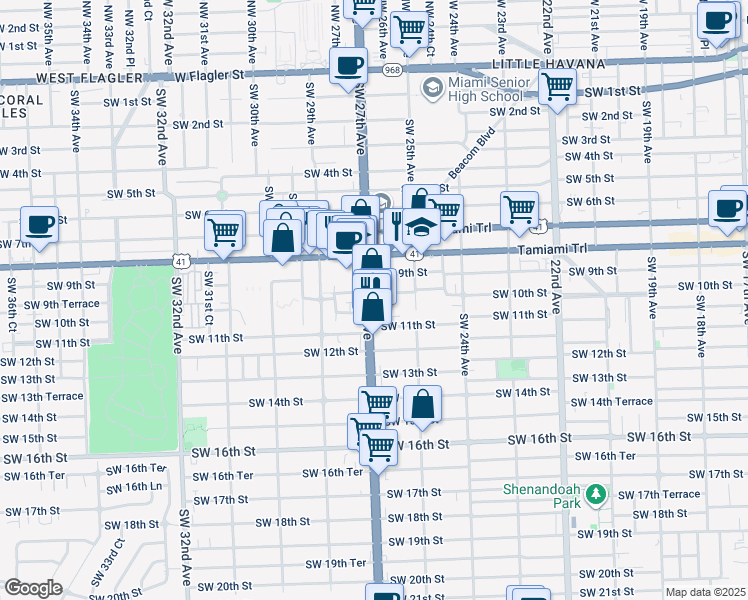 map of restaurants, bars, coffee shops, grocery stores, and more near 2601 Southwest 10th Street in Miami