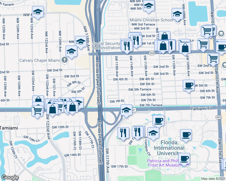 map of restaurants, bars, coffee shops, grocery stores, and more near 11530 Southwest 5th Street in Miami