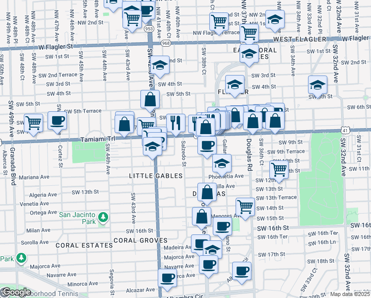 map of restaurants, bars, coffee shops, grocery stores, and more near 227 Antiquera Avenue in Coral Gables