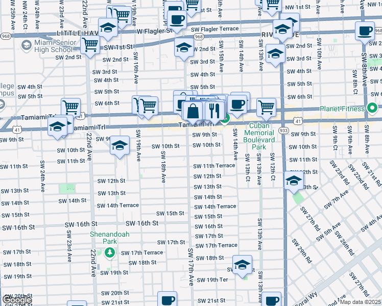 map of restaurants, bars, coffee shops, grocery stores, and more near 1644 Southwest 10th Street in Miami
