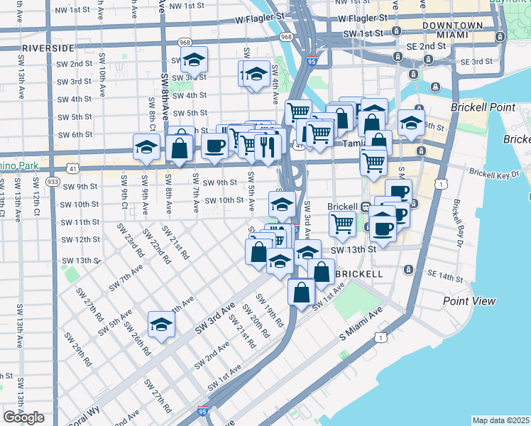 map of restaurants, bars, coffee shops, grocery stores, and more near 480 Southwest 10th Street in Miami