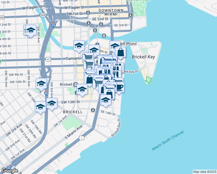 map of restaurants, bars, coffee shops, grocery stores, and more near 1100 Brickell Bay Drive in Miami