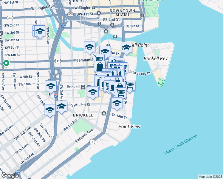 map of restaurants, bars, coffee shops, grocery stores, and more near 1000 Brickell Avenue in Miami