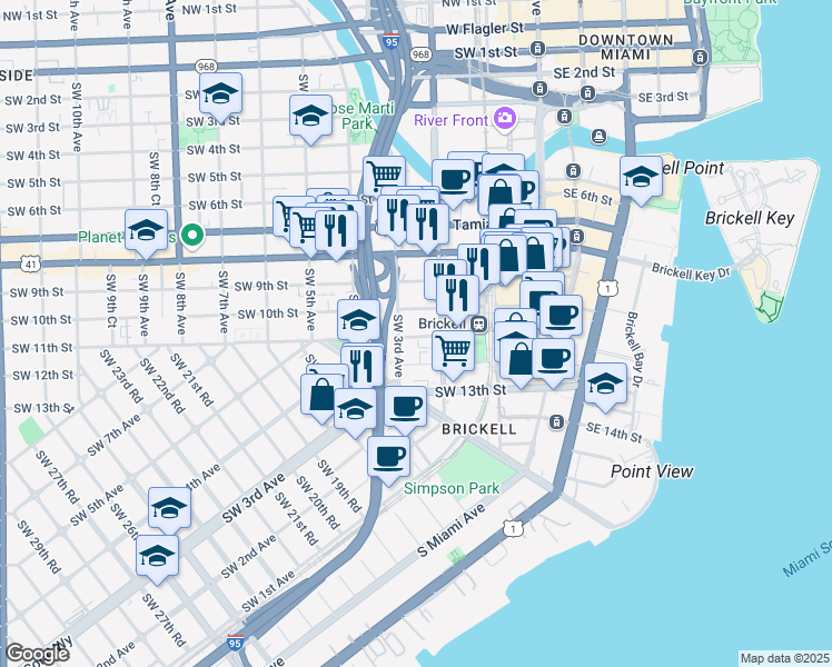 map of restaurants, bars, coffee shops, grocery stores, and more near 1021 Southwest 3rd Avenue in Miami