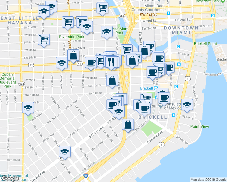 map of restaurants, bars, coffee shops, grocery stores, and more near 480 Southwest 10th Street in Miami